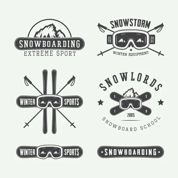 Logotipos de snowboard vintage o deportes de invierno, insignias, emblemas — Vector de stock