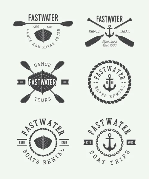 Vintage rafting logo, etiketleri ve rozetleri ayarla.