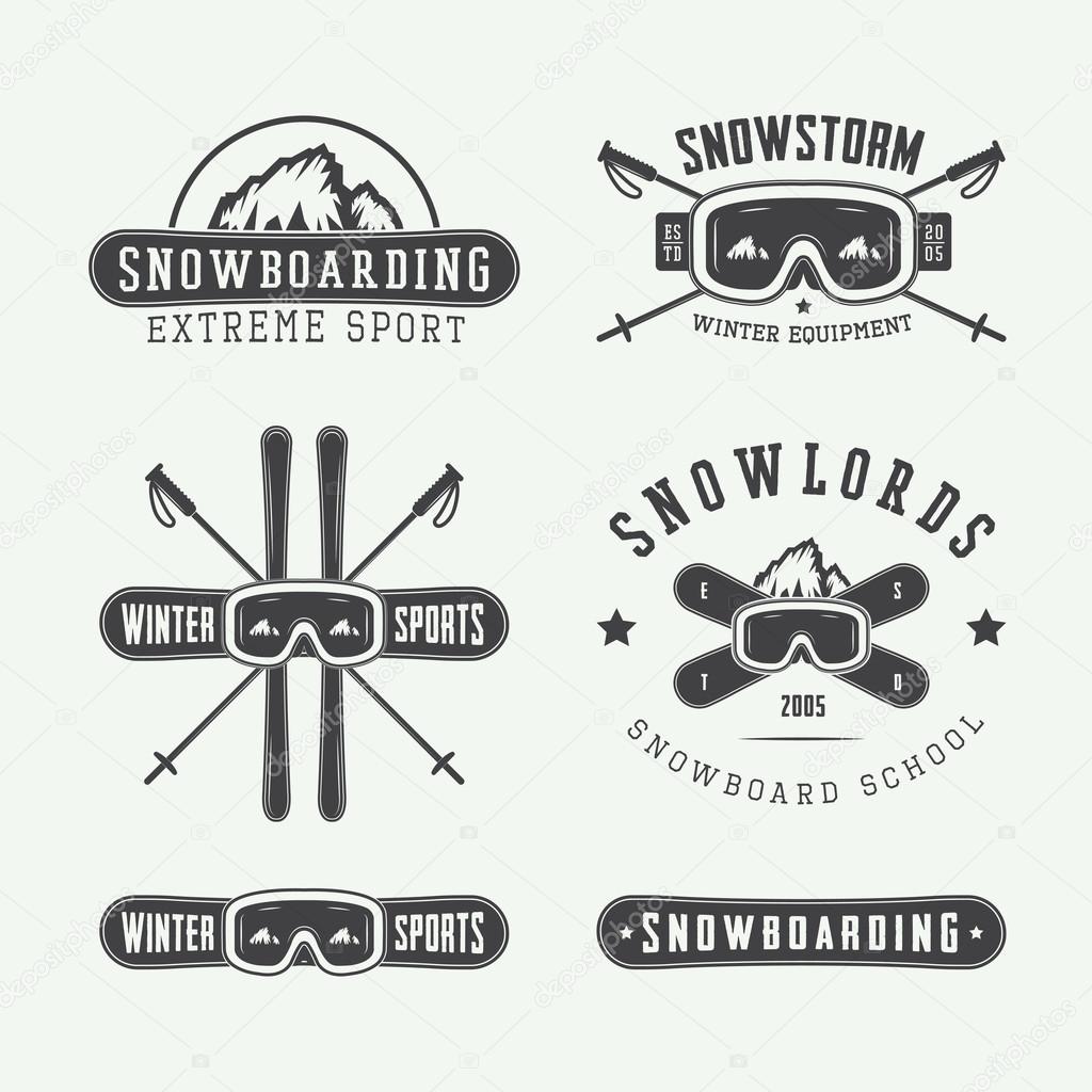 Vintage snowboarding or winter sports logos, badges, emblems and design elements. Vector illustration