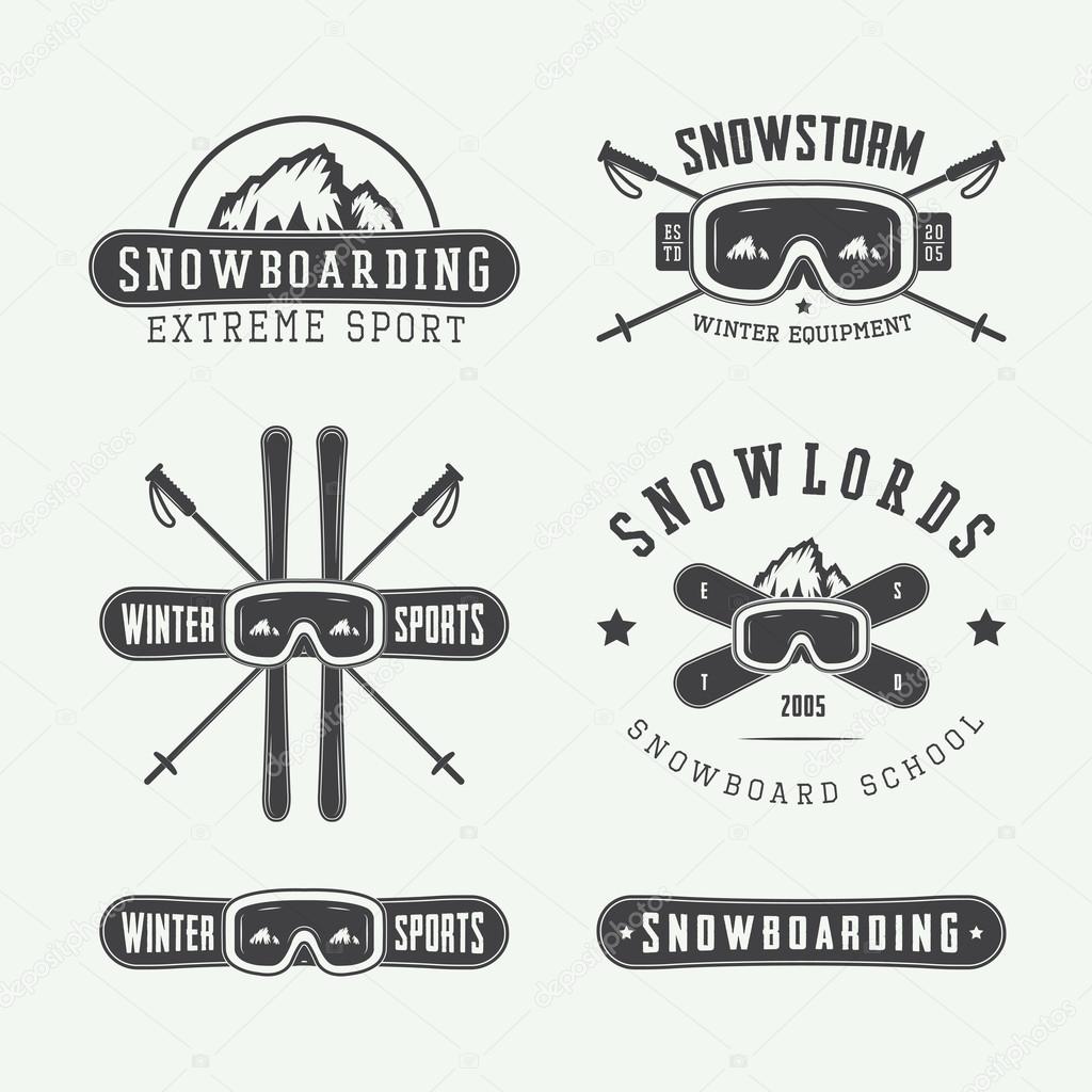 Vintage snowboarding or winter sports logos, badges, emblems