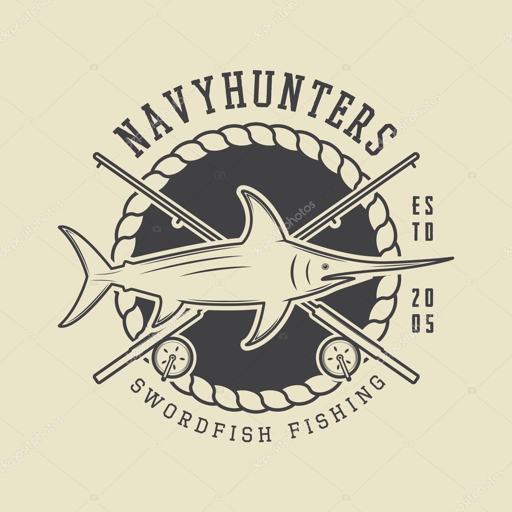 Vintage fishing label, log, badge. Vector illustration
