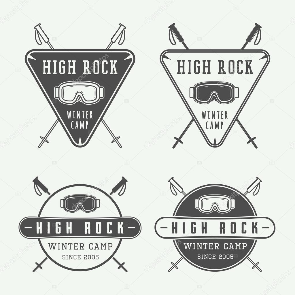 Vintage snowboarding or winter sports logos, badges, emblems and design elements. Vector illustration