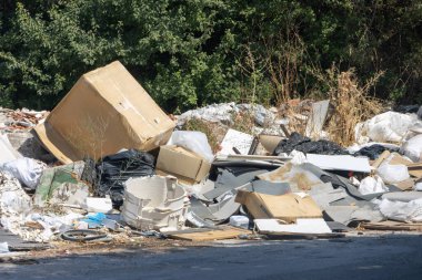 Pile of garbage polluting nature near a forest, showing environmental damage and risk for the planet