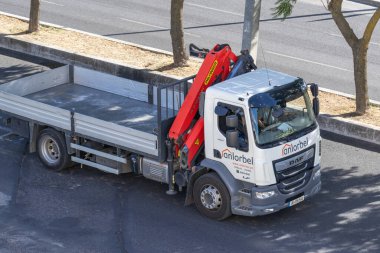 Daf daf Eğer kamyon palmiteli vinç ile asfalt bir yolda düz viraj