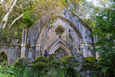 Monserrate Park Kilisesi 'nin aşırı gelişmiş kalıntıları yeşil bitki örtüsüyle kaplı gotik mimariyi gösteriyor.