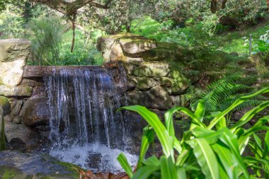 Su taşması yeşil, sakin bir bahçede kayaların üzerinden akıyor.