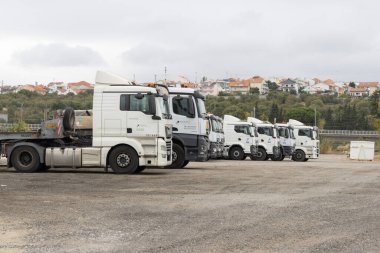 Bulutlu bir gökyüzünün altındaki çakıl parkına park etmiş beyaz kamyon filosu.