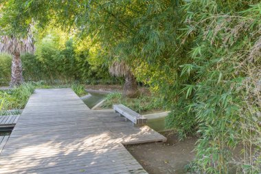 Tahta kaldırımlar, yemyeşil bambular, su hatları ve sakin bir bankta kıvrılıyor.