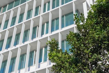 Tekrarlayan ızgara deseni ve yeşil ağaç yaprağı ile modern mimari cephe