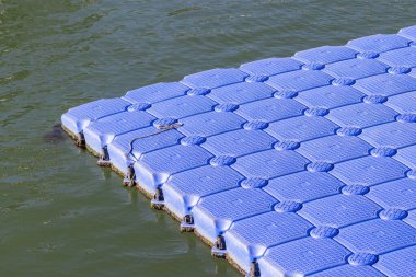 Mavi plastik yüzen liman modülleri yeşil suda bir duba oluşturuyorlar.