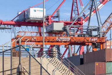 Yilport liscont markalı vinçler Alcantara rıhtımındaki kargo konteynerlerini hareket ettiriyor.