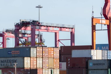 Küresel ticaret ve lojistiği temsil eden ticari bir limanı dolduran konteynırlar ve büyük vinçler