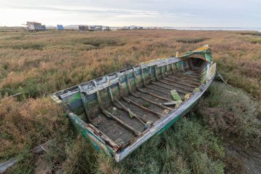 Terk edilmiş ahşap balıkçı teknesi bataklıkta çürüyor.
