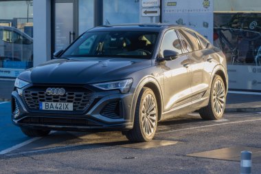 Gri Audi e tron spor spor spor arazi aracı modern sürdürülebilir taşımayı temsil ediyor.