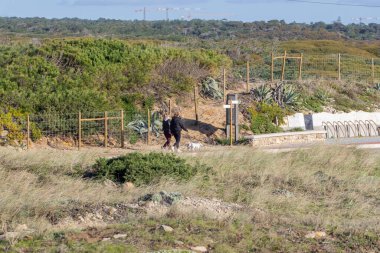Doğal bir tepede çitin yanında küçük bir köpeği gezdiren iki insan.