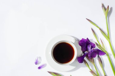 Beyaz fincanda siyah kahve ve iris çiçekleri beyaz arka planda. Metin için boş alan. En üstten görüntüle.