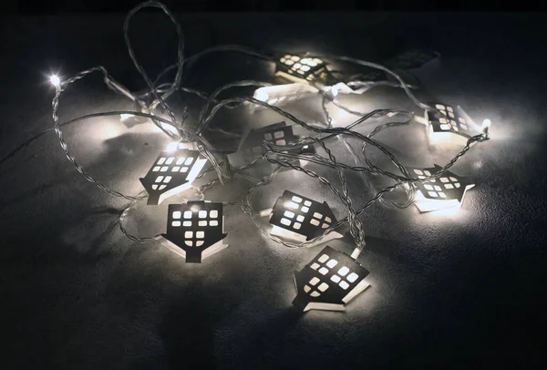 Luminous Garland Paper Houses Marble Table Dark — Stock Photo, Image