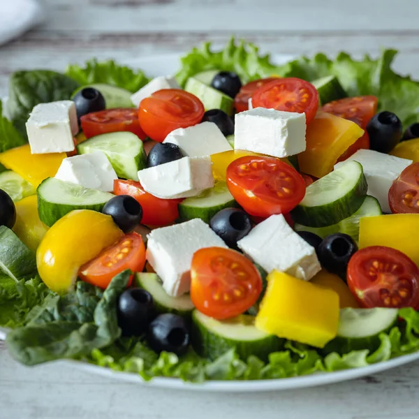 Greek Salad Ingredients Preparation Cut Vegetables Close Balanced Diet Concept — Stock Photo, Image