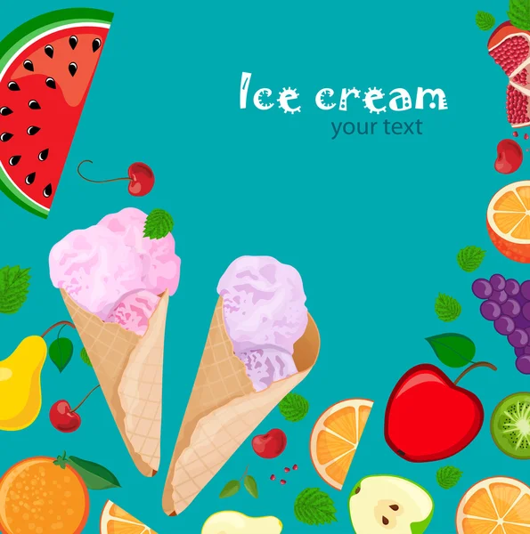 Xícara de sorvete e frutas — Vetor de Stock