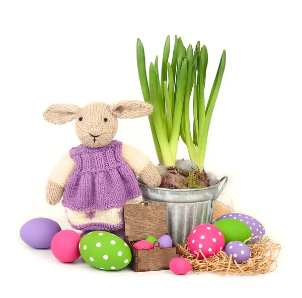 Hiacynt wiosna, Wielkanoc królik i jasne pisanki na białym tle. Tło Wielkanoc z miejscem dla tekstu. — Zdjęcie stockowe
