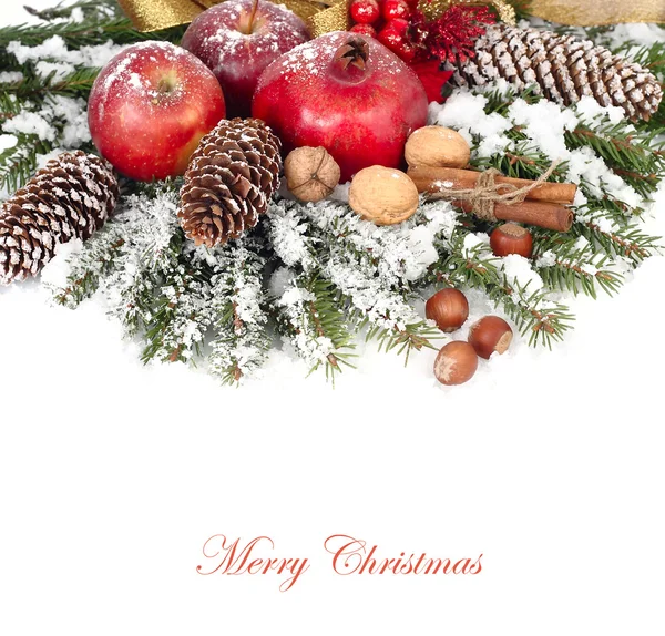 Μήλα, ρόδια, κώνους και καρύδια πάνω σε κλαδιά καλυμμένα με χιόνι, σε λευκό φόντο. Χριστούγεννα φόντο με μια θέση για το κείμενο. — Φωτογραφία Αρχείου