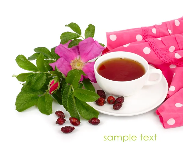 Cup of tea with a dried dogrose and a dogrose flower on a white background. — Stock Photo, Image