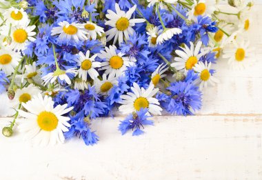 Fresh cornflowers and camomiles on a white shabby wooden background. A flower background with a place for the text.