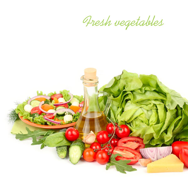 Fresh ripe vegetables and herbs and the Greek salad with cheese balls on an orange plate and on a white background with a place for the text.