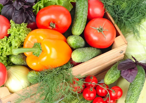 Fresh ripe vegetables in a wooden box on a white background with a place for the text. — Stock Photo, Image