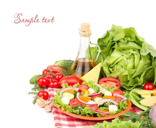 The Greek salad with cheese balls on an orange plate on a red checkered napkin and fresh ripe vegetables and herbs on a white background with a place for the text. — Stock Photo, Image