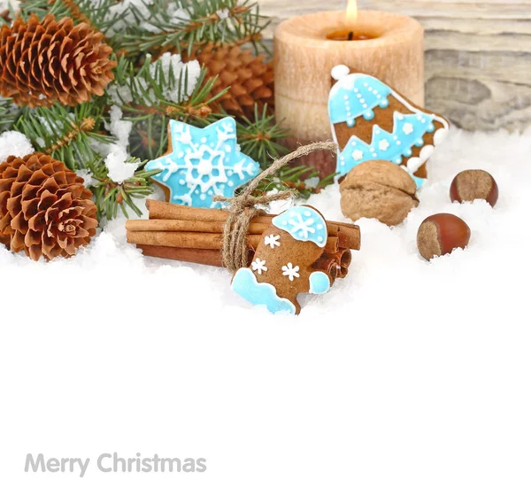 Galletas de jengibre navideño en esmalte azul, nueces y conos sobre nieve sobre fondo blanco. Un fondo navideño con un lugar para el texto . — Foto de Stock