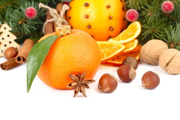 Las naranjas secas, la canela y las nueces sobre las ramas del árbol de Navidad sobre el fondo blanco. Un fondo navideño con un lugar para el texto . —  Fotos de Stock