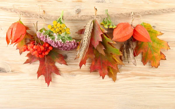 Feuilles d'automne lumineux sur un fond en bois avec une place pour le texte. Un fond d'automne avec des feuilles . — Photo