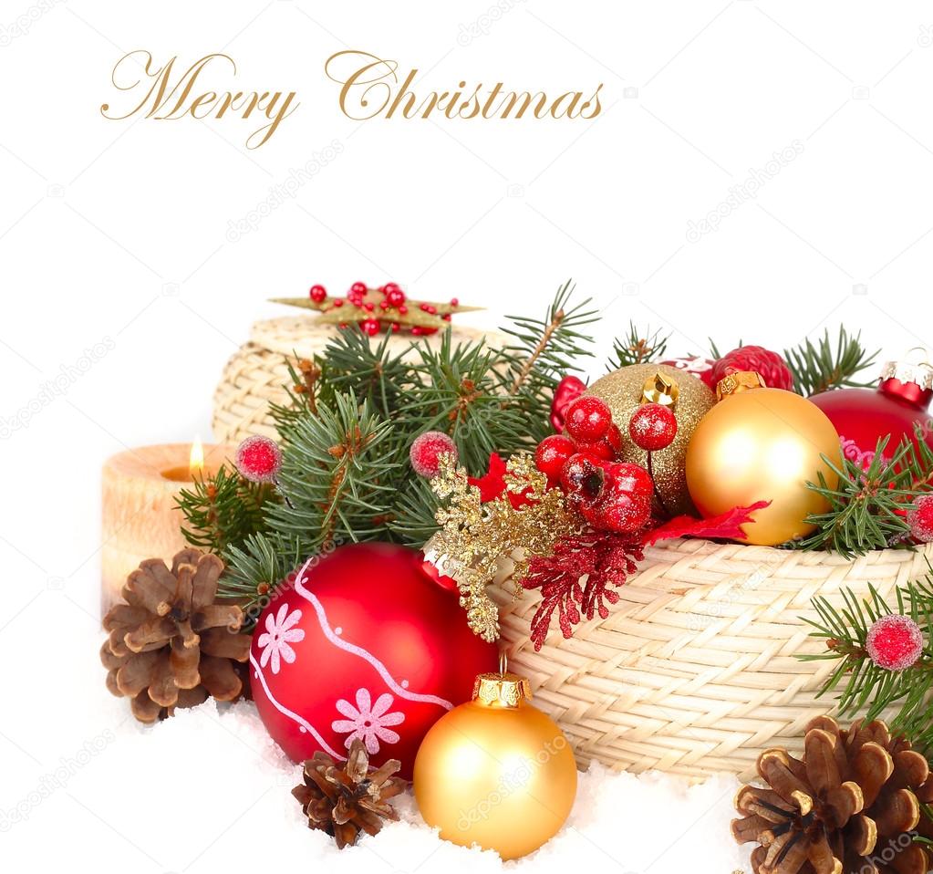 Christmas composition with Christmas balls in a wattled basket and other Christmas decor on a white background. A Christmas background with a place for the text.