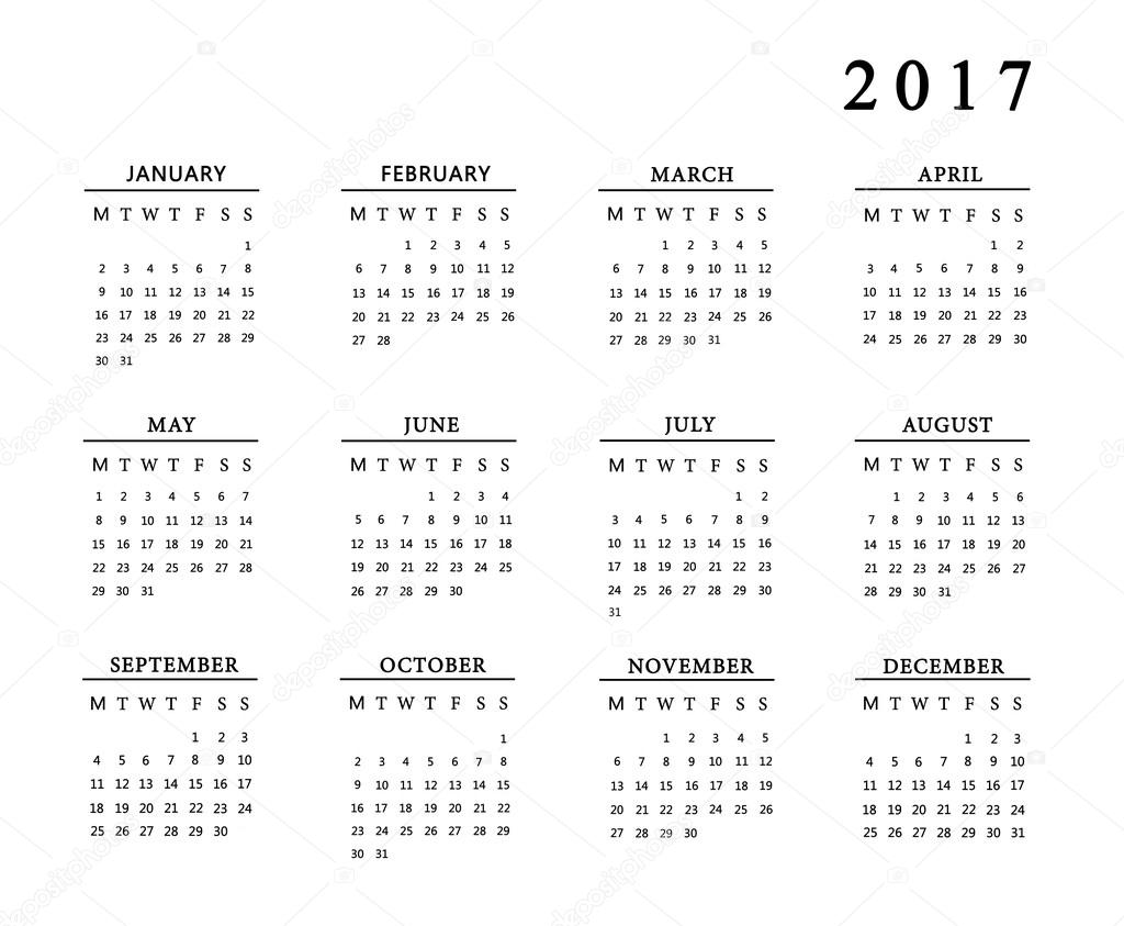 Calendar for 2017 on white background. 