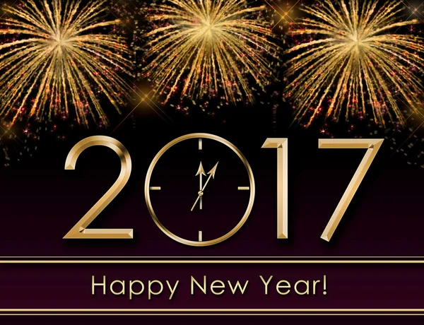 2017 Happy New Year background  with fireworks and gold clock — Stock Photo, Image