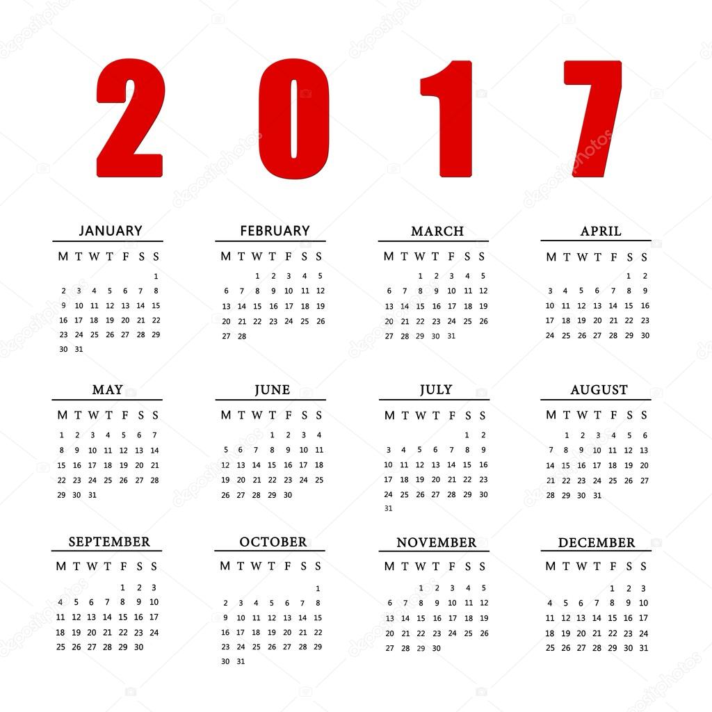 Calendar 2017 on the white background