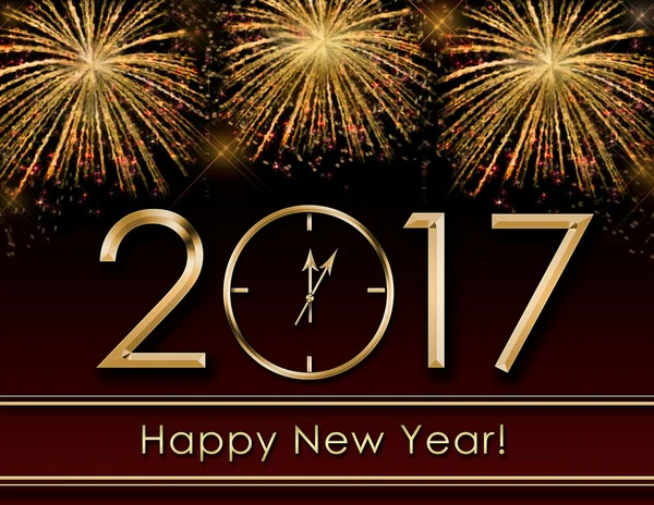 2017 Happy New Year background  with fireworks and gold clock — Stock Photo, Image