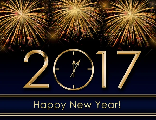 2017 fundo Feliz Ano Novo com fogos de artifício e relógio de ouro — Fotografia de Stock