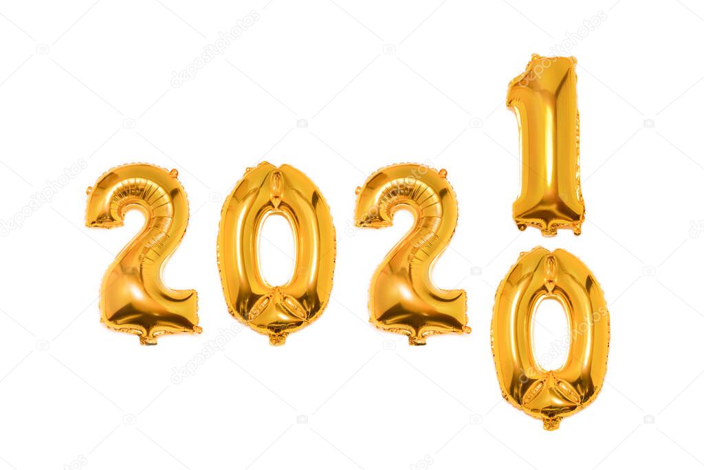 2021 countdown timer isolated on white background.Foil Golden Christmas 2021 balloons in form of numbers. Happy New Year 2021. Flat lay.