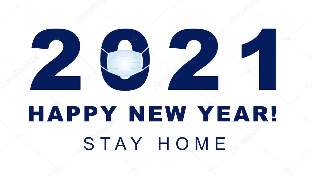 Happy New Year 2021. 2021 with a protective face mask. Christmas, new year's day during pandemic coronavirus, COVID Holiday, Pandemic Holiday