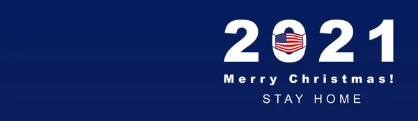 ハッピーニューイヤー2021とメリークリスマス 2021年アメリカ国旗の形をした保護面付き パンデミックコロナウイルス Covid Holiday パンデミック休暇中の米国での休日 バナー — ストック写真