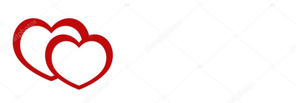Happy Valentine's Day! Two red hearts on a white background. Copy space for text. Banner