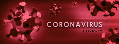 Roman Coronavirus - 2019-NCoV. Virüs Covid 19-NCP. Coronavirus SARS-CoV2. Mikroskop virüsü yaklaşıyor. 3D sunum. Bayrak..