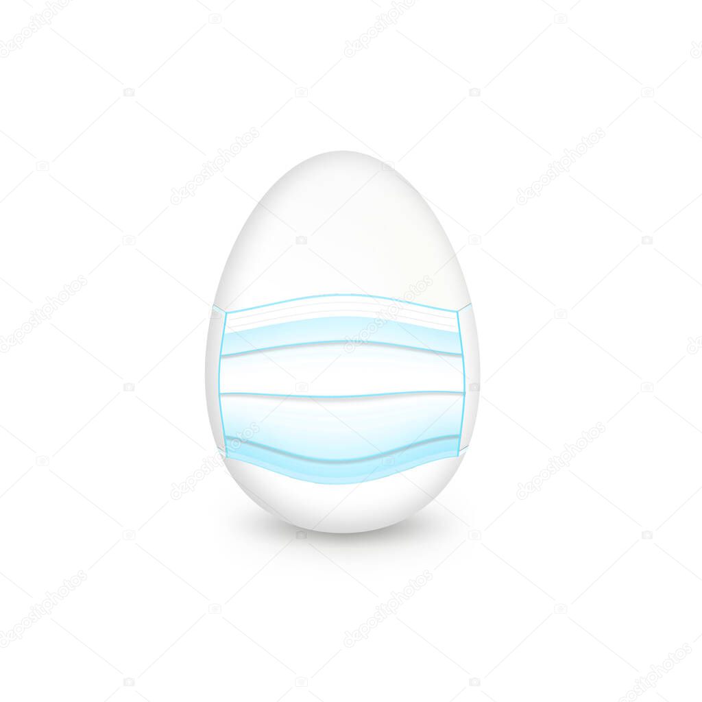 White Easter egg with a protective face mask against a White background.CORONAVIRUS EASTER Egg.Healthy, Safe and Happy Easter. Stay home stay safe