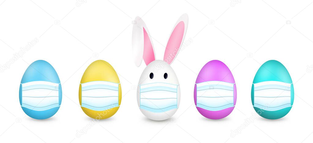 Multicolored colorful Easter eggs with a protective face mask and Easter rabbit on a White background.Healthy, Safe and Happy Easter. Stay home stay safe.Banner.