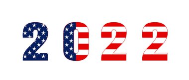 Amerika 'da mutlu yıllar 2021. Beyaz arka planda Amerikan bayrağı desenli 2021. Görüntü:.