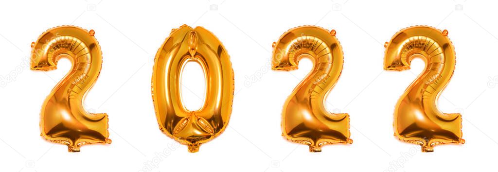 Foil Golden Christmas 2022 balloons in form of numbers isolated on white background. Happy New Year 2021. Flat lay, top view. Banner