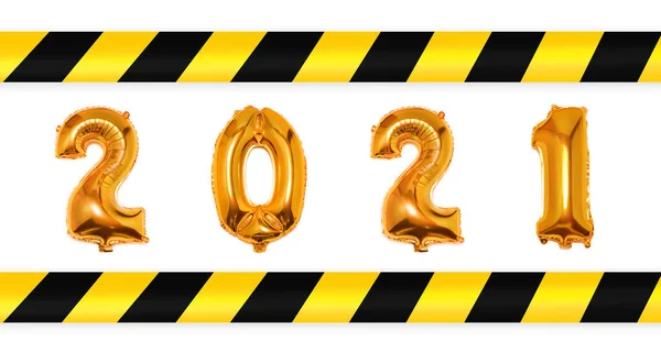 2021 Goldene Luftballons Mit Gelb Weißen Warnbändern Weißen Hintergrund Soziale — Stockfoto