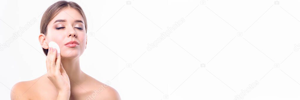 Beauty, skin care concept, makeup remover. Portrait of a beautiful girl with fat skin.Copy space. Banner